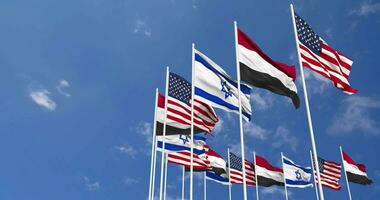 Jemen, Verenigde staten, Verenigde Staten van Amerika en Israël vlaggen golvend samen in de lucht, naadloos lus in wind, ruimte Aan links kant voor ontwerp of informatie, 3d renderen video