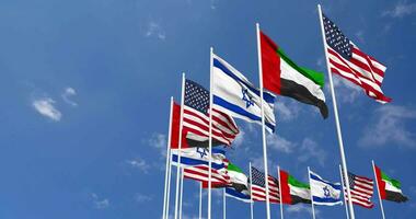 United Arab Emirates, United States, USA and Israel Flags Waving Together in the Sky, Seamless Loop in Wind, Space on Left Side for Design or Information, 3D Rendering video