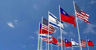 Taiwan, United States, USA and Israel Flags Waving Together in the Sky, Seamless Loop in Wind, Space on Left Side for Design or Information, 3D Rendering video