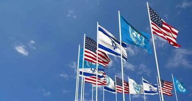 United Nations, UN, United States, USA and Israel Flags Waving Together in the Sky, Seamless Loop in Wind, Space on Left Side for Design or Information, 3D Rendering video