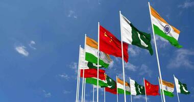 China, Índia e Paquistão bandeiras acenando juntos dentro a céu, desatado ciclo dentro vento, espaço em esquerda lado para Projeto ou Informação, 3d Renderização video