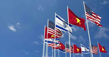 Vietnam, United States, USA and Israel Flags Waving Together in the Sky, Seamless Loop in Wind, Space on Left Side for Design or Information, 3D Rendering video