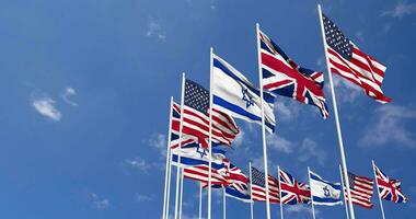 United Kingdom, United States, USA and Israel Flags Waving Together in the Sky, Seamless Loop in Wind, Space on Left Side for Design or Information, 3D Rendering video