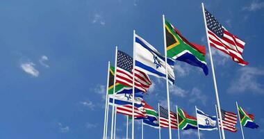 sul África, Unidos estados, EUA e Israel bandeiras acenando juntos dentro a céu, desatado ciclo dentro vento, espaço em esquerda lado para Projeto ou Informação, 3d Renderização video