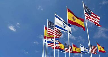 España, unido estados, Estados Unidos y Israel banderas ondulación juntos en el cielo, sin costura lazo en viento, espacio en izquierda lado para diseño o información, 3d representación video