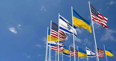 Ukraine, United States, USA and Israel Flags Waving Together in the Sky, Seamless Loop in Wind, Space on Left Side for Design or Information, 3D Rendering video