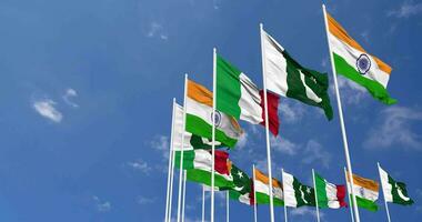 Italy, India and Pakistan Flags Waving Together in the Sky, Seamless Loop in Wind, Space on Left Side for Design or Information, 3D Rendering video