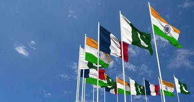 France, India and Pakistan Flags Waving Together in the Sky, Seamless Loop in Wind, Space on Left Side for Design or Information, 3D Rendering video