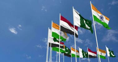 Yemen, India and Pakistan Flags Waving Together in the Sky, Seamless Loop in Wind, Space on Left Side for Design or Information, 3D Rendering video