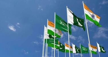 KSA, Kingdom of Saudi Arabia, India and Pakistan Flags Waving Together in the Sky, Seamless Loop in Wind, Space on Left Side for Design or Information, 3D Rendering video