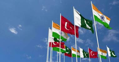 Turkey, India and Pakistan Flags Waving Together in the Sky, Seamless Loop in Wind, Space on Left Side for Design or Information, 3D Rendering video