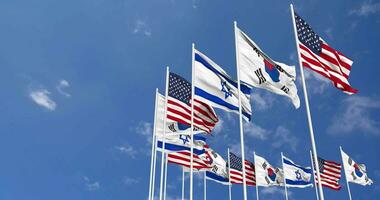 South Korea, United States, USA and Israel Flags Waving Together in the Sky, Seamless Loop in Wind, Space on Left Side for Design or Information, 3D Rendering video