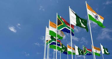 South Africa, India and Pakistan Flags Waving Together in the Sky, Seamless Loop in Wind, Space on Left Side for Design or Information, 3D Rendering video