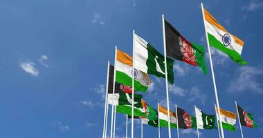 Afghanistan, India and Pakistan Flags Waving Together in the Sky, Seamless Loop in Wind, Space on Left Side for Design or Information, 3D Rendering video