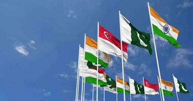 Singapore, India and Pakistan Flags Waving Together in the Sky, Seamless Loop in Wind, Space on Left Side for Design or Information, 3D Rendering video