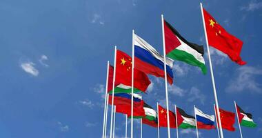 Palestine, China and Russia Flags Waving Together in the Sky, Seamless Loop in Wind, Space on Left Side for Design or Information, 3D Rendering video