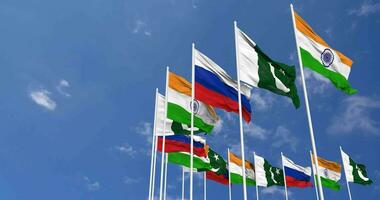 Russia, India and Pakistan Flags Waving Together in the Sky, Seamless Loop in Wind, Space on Left Side for Design or Information, 3D Rendering video