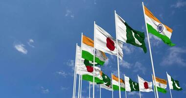 Japan, India and Pakistan Flags Waving Together in the Sky, Seamless Loop in Wind, Space on Left Side for Design or Information, 3D Rendering video