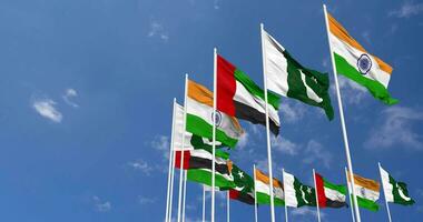 United Arab Emirates, India and Pakistan Flags Waving Together in the Sky, Seamless Loop in Wind, Space on Left Side for Design or Information, 3D Rendering video