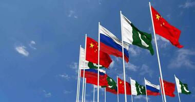 Pakistan, China and Russia Flags Waving Together in the Sky, Seamless Loop in Wind, Space on Left Side for Design or Information, 3D Rendering video