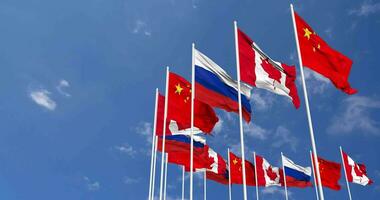 Canada, China and Russia Flags Waving Together in the Sky, Seamless Loop in Wind, Space on Left Side for Design or Information, 3D Rendering video