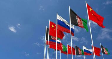 Afghanistan, China and Russia Flags Waving Together in the Sky, Seamless Loop in Wind, Space on Left Side for Design or Information, 3D Rendering video