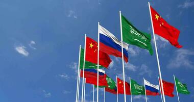 KSA, Kingdom of Saudi Arabia, China and Russia Flags Waving Together in the Sky, Seamless Loop in Wind, Space on Left Side for Design or Information, 3D Rendering video