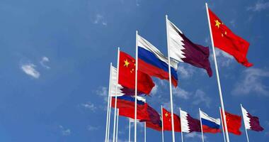Qatar, China and Russia Flags Waving Together in the Sky, Seamless Loop in Wind, Space on Left Side for Design or Information, 3D Rendering video