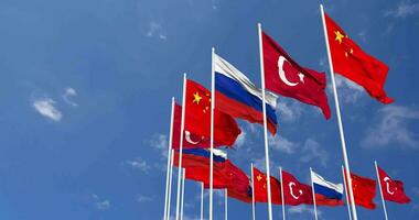Turkey, China and Russia Flags Waving Together in the Sky, Seamless Loop in Wind, Space on Left Side for Design or Information, 3D Rendering video