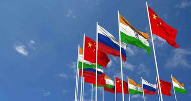 India, China and Russia Flags Waving Together in the Sky, Seamless Loop in Wind, Space on Left Side for Design or Information, 3D Rendering video