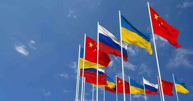 Ukraine, China and Russia Flags Waving Together in the Sky, Seamless Loop in Wind, Space on Left Side for Design or Information, 3D Rendering video