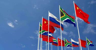 South Africa, China and Russia Flags Waving Together in the Sky, Seamless Loop in Wind, Space on Left Side for Design or Information, 3D Rendering video
