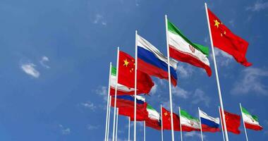 Iran, Kina och ryssland flaggor vinka tillsammans i de himmel, sömlös slinga i vind, Plats på vänster sida för design eller information, 3d tolkning video