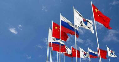 South Korea, China and Russia Flags Waving Together in the Sky, Seamless Loop in Wind, Space on Left Side for Design or Information, 3D Rendering video