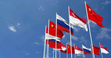 Singapore, China and Russia Flags Waving Together in the Sky, Seamless Loop in Wind, Space on Left Side for Design or Information, 3D Rendering video
