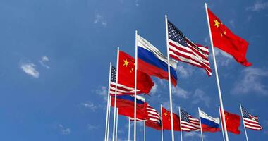 United States, China and Russia Flags Waving Together in the Sky, Seamless Loop in Wind, Space on Left Side for Design or Information, 3D Rendering video