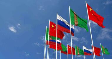 Turkmenistan, China and Russia Flags Waving Together in the Sky, Seamless Loop in Wind, Space on Left Side for Design or Information, 3D Rendering video
