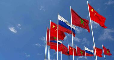 Morocco, China and Russia Flags Waving Together in the Sky, Seamless Loop in Wind, Space on Left Side for Design or Information, 3D Rendering video