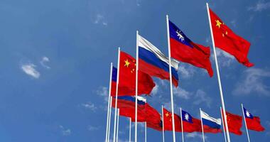 Taiwan, China and Russia Flags Waving Together in the Sky, Seamless Loop in Wind, Space on Left Side for Design or Information, 3D Rendering video