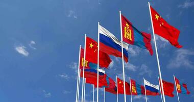 Mongolia, China y Rusia banderas ondulación juntos en el cielo, sin costura lazo en viento, espacio en izquierda lado para diseño o información, 3d representación video