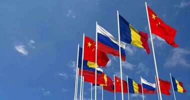 Romania, China and Russia Flags Waving Together in the Sky, Seamless Loop in Wind, Space on Left Side for Design or Information, 3D Rendering video