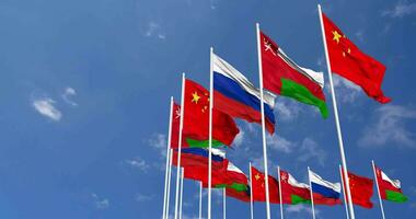 Oman, China and Russia Flags Waving Together in the Sky, Seamless Loop in Wind, Space on Left Side for Design or Information, 3D Rendering video