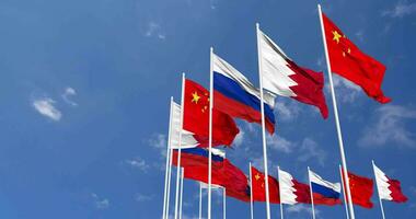 Bahrain, China and Russia Flags Waving Together in the Sky, Seamless Loop in Wind, Space on Left Side for Design or Information, 3D Rendering video