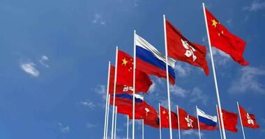 Hong Kong, China and Russia Flags Waving Together in the Sky, Seamless Loop in Wind, Space on Left Side for Design or Information, 3D Rendering video