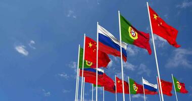 Portugal, China and Russia Flags Waving Together in the Sky, Seamless Loop in Wind, Space on Left Side for Design or Information, 3D Rendering video
