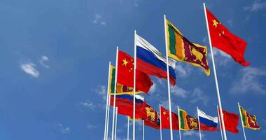 Sri Lanka, China and Russia Flags Waving Together in the Sky, Seamless Loop in Wind, Space on Left Side for Design or Information, 3D Rendering video