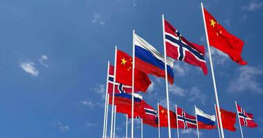 Norway, China and Russia Flags Waving Together in the Sky, Seamless Loop in Wind, Space on Left Side for Design or Information, 3D Rendering video