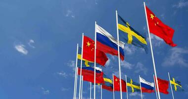 Sweden, China and Russia Flags Waving Together in the Sky, Seamless Loop in Wind, Space on Left Side for Design or Information, 3D Rendering video