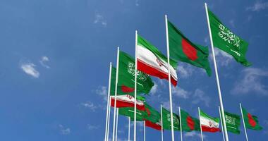 Bangladesh, Iran and KSA, Kingdom of Saudi Arabia Flags Waving Together in the Sky, Seamless Loop in Wind, Space on Left Side for Design or Information, 3D Rendering video