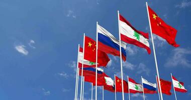 Lebanon, China and Russia Flags Waving Together in the Sky, Seamless Loop in Wind, Space on Left Side for Design or Information, 3D Rendering video